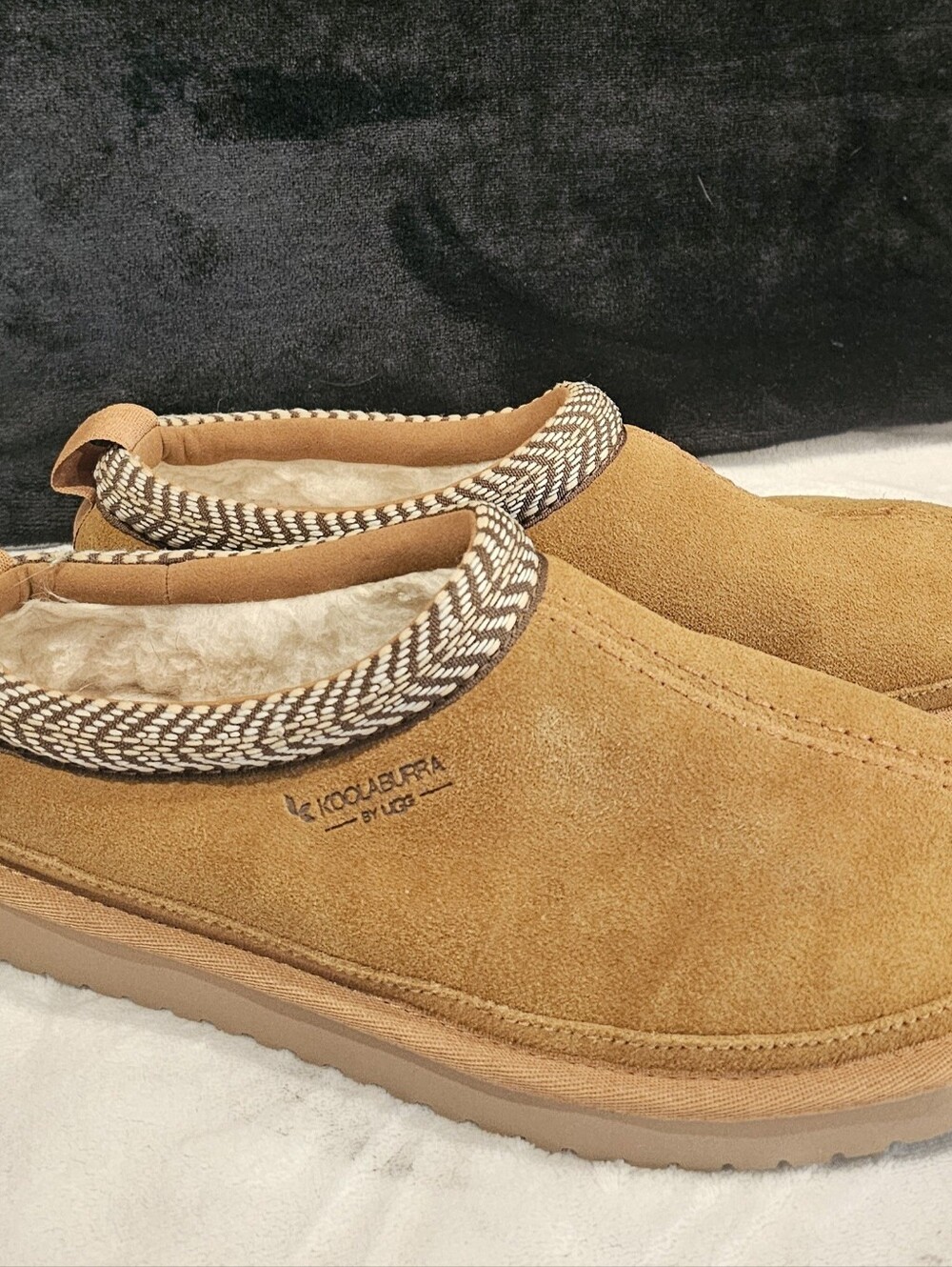 UGG Koolaburra Chestnut Suede Slip-On Loafers with Shearling Trim